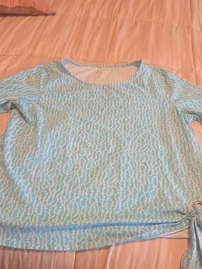 Belle by Kim Gravel Blue Patterned Short-Sleeve Tie Detail Tee